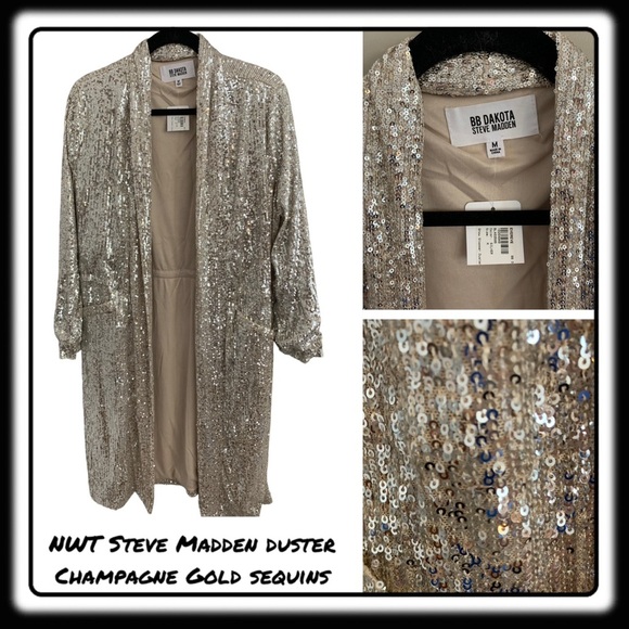 NWT Steve Madden Sequined Champagne Gold Duster Long Med Get your “Shimmer On” - Picture 1 of 7